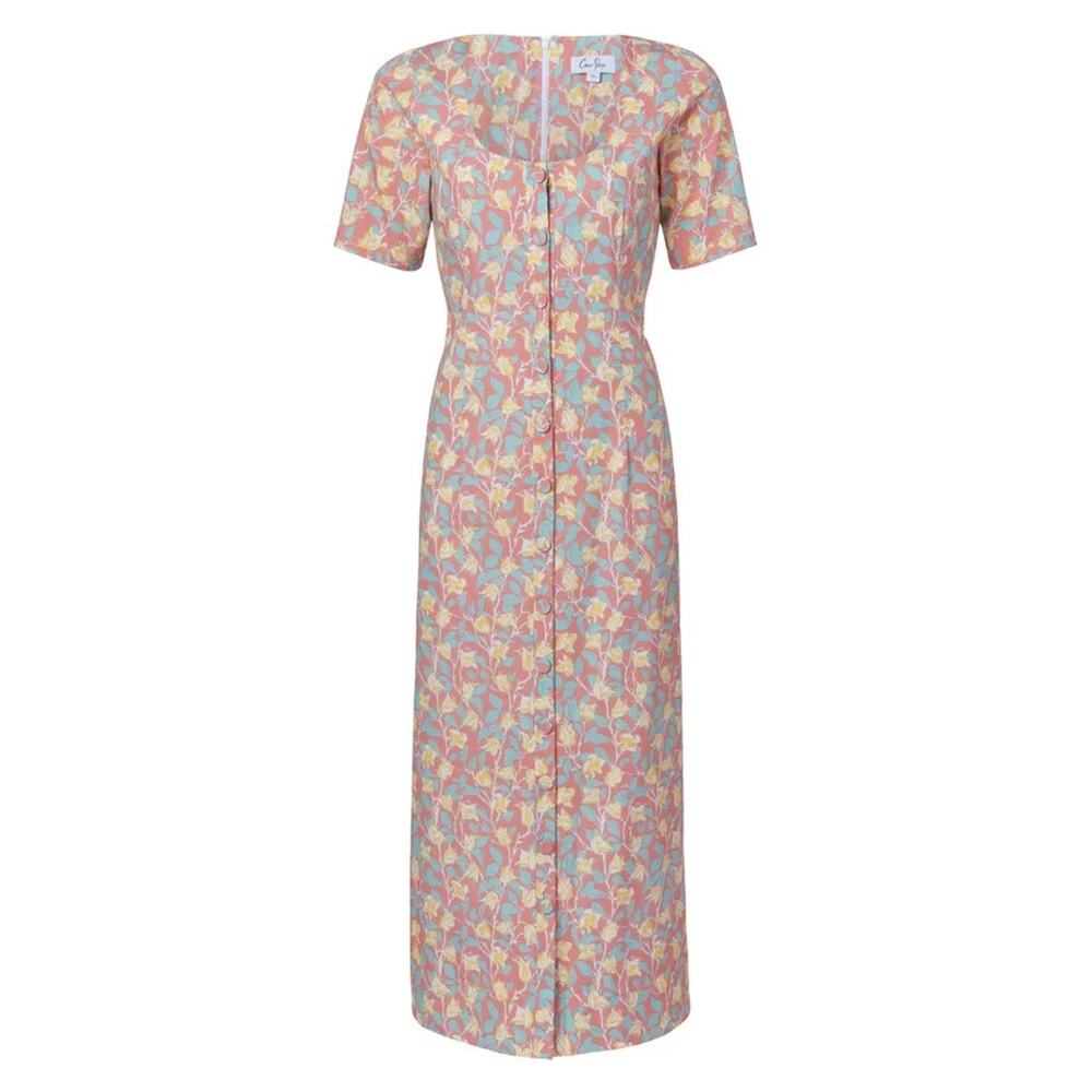 NWT Coco Shop Mod Midid Dress in Coral Bougainvillea Button Front Floral Pink L